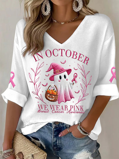 Femmes En Octobre Nous Portons Rose Halloween Fantôme Rose Sensibilisation au Cancer Du Sein Soutien Haut À Manches Longues