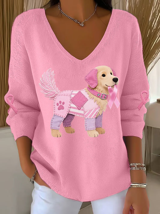 Haut à manches longues Femme Rose Chien Rose Ruban de Soutien de Sensibilisation au Cancer du Sein
