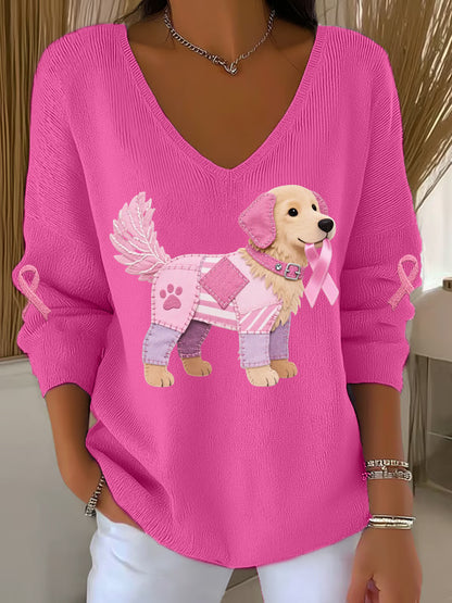 Haut à manches longues Femme Rose Chien Rose Ruban de Soutien de Sensibilisation au Cancer du Sein