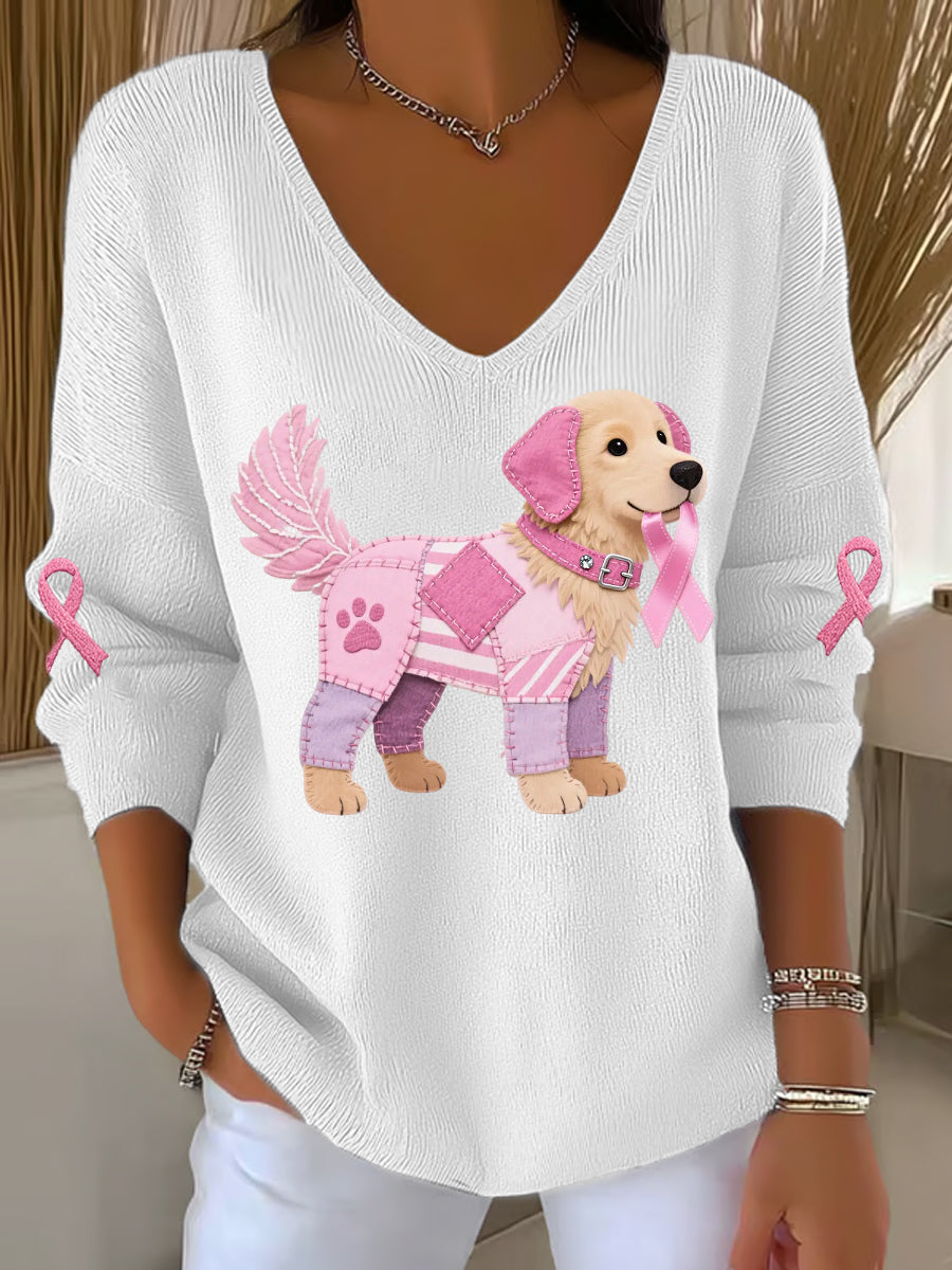 Haut à manches longues Femme Rose Chien Rose Ruban de Soutien de Sensibilisation au Cancer du Sein