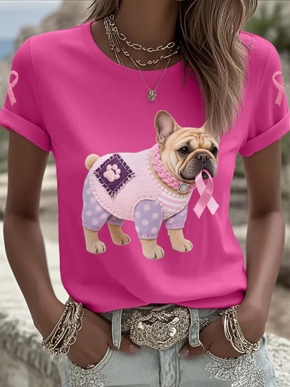 T-shirt de soutien de sensibilisation au cancer du sein ruban rose chien rose femme