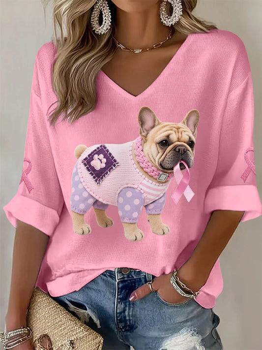 Haut à manches longues Femme Rose Chien Rose Ruban de Soutien de Sensibilisation au Cancer du Sein