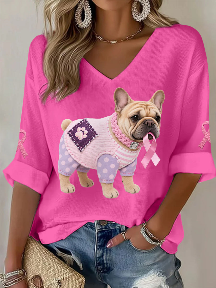 Haut à manches longues Femme Rose Chien Rose Ruban de Soutien de Sensibilisation au Cancer du Sein