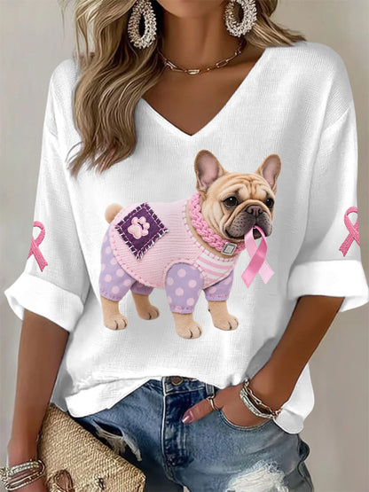 Haut à manches longues Femme Rose Chien Rose Ruban de Soutien de Sensibilisation au Cancer du Sein