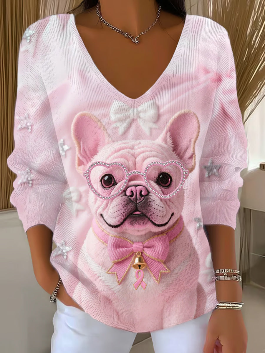Haut à manches longues Femme Rose Chien Rose Ruban de Soutien de Sensibilisation au Cancer du Sein