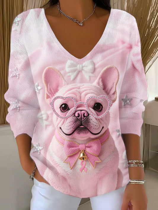 Haut à manches longues Femme Rose Chien Rose Ruban de Soutien de Sensibilisation au Cancer du Sein