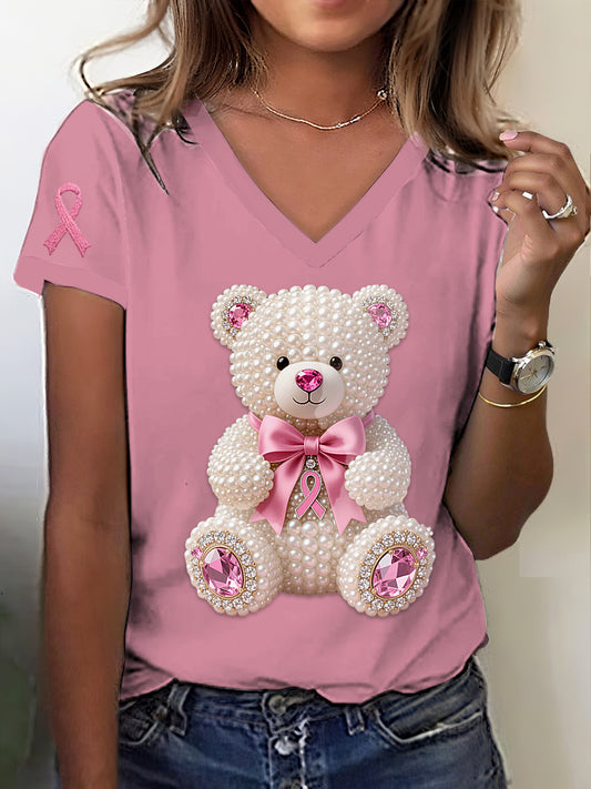 Retro Breast Cancer Pearl Diamond Mignon Ours Imprimer V-cou T-shirt à manches courtes