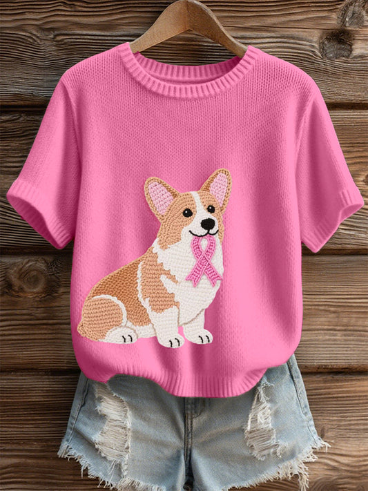 Haut en tricot confortable brodé Lovely Corgi pour femmes