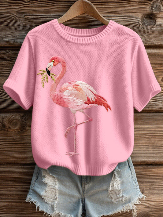 Top Femme Rose Flamant Brodé Cozy En Tricot