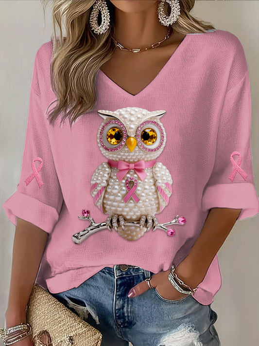 Vintage Owl Pearl Diamond Abstract Print T-shirt à manches longues gaufré en coton décontracté