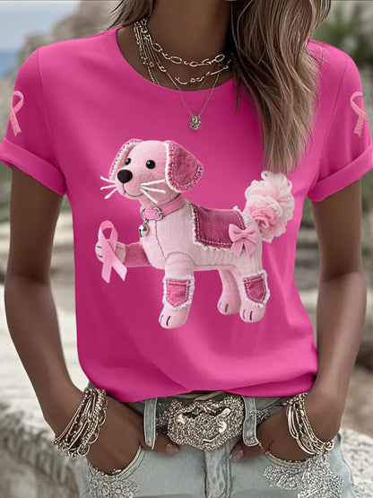T-shirt de soutien de sensibilisation au cancer du sein ruban rose chien rose femme