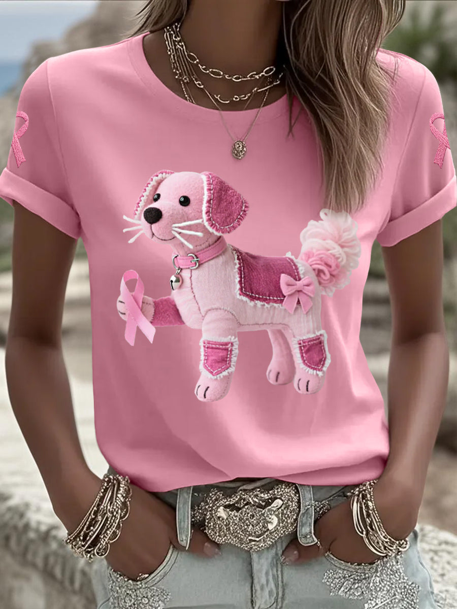 T-shirt de soutien de sensibilisation au cancer du sein ruban rose chien rose femme