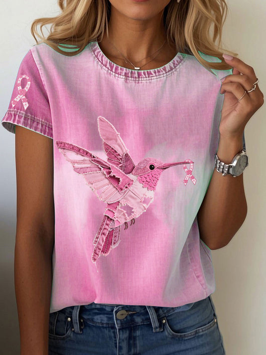 Women's Breast Cancer Awareness Denim Hummingbird Imprimer T-Shirt