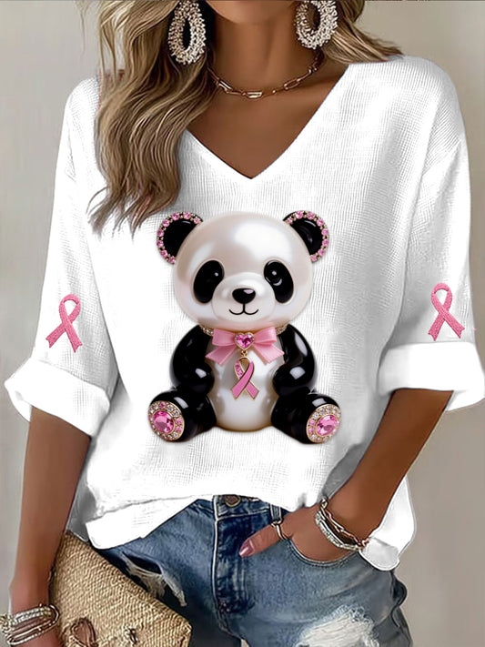 Rétro Cancer Du Sein Perle Diamant Mignon Panda Imprimer Casual Coton Gaufré À Manches Longues T-shirt
