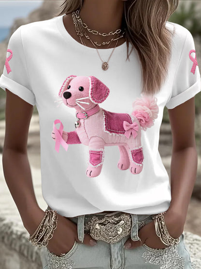 T-shirt de soutien de sensibilisation au cancer du sein ruban rose chien rose femme
