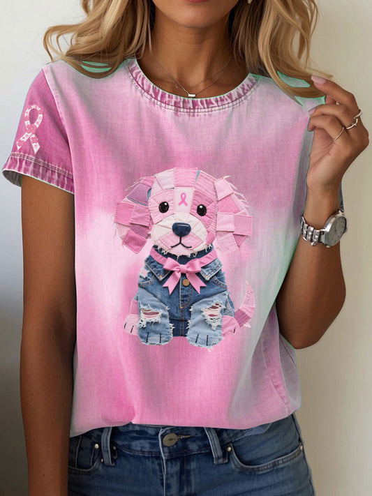 Femmes Cancer du sein Sensibilisation Denim Puppy Imprimer T-Shirt