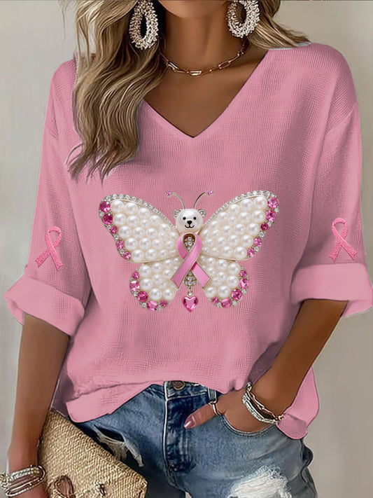 Rétro Cancer Du Sein Perle Diamant Papillon Imprimé Casual Coton Gaufré À Manches Longues T-shirt