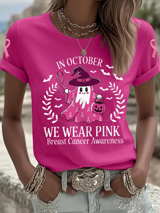 Femmes En Octobre Nous Portons Rose Halloween Rose Fantôme Soutien De Sensibilisation Au Cancer Du Sein Tee