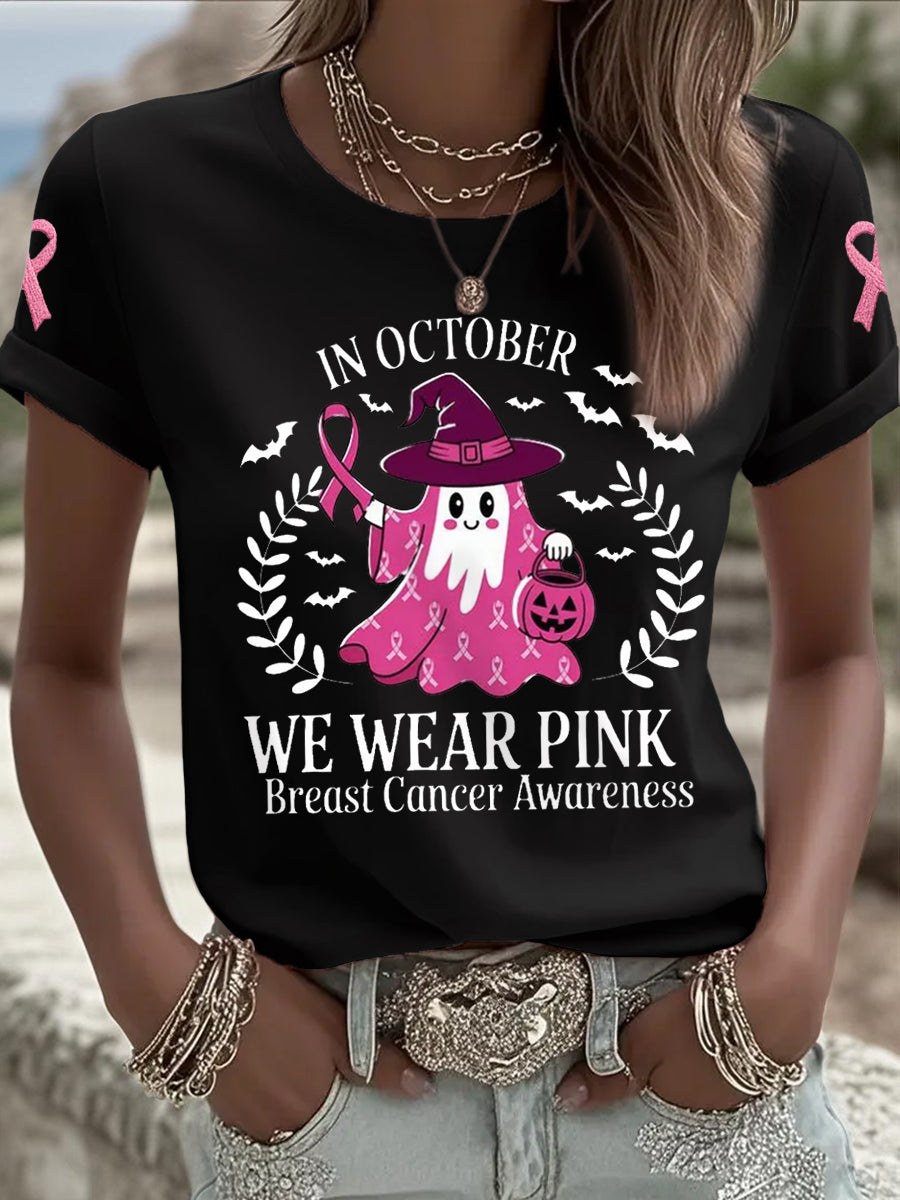 Femmes En Octobre Nous Portons Rose Halloween Rose Fantôme Soutien De Sensibilisation Au Cancer Du Sein Tee
