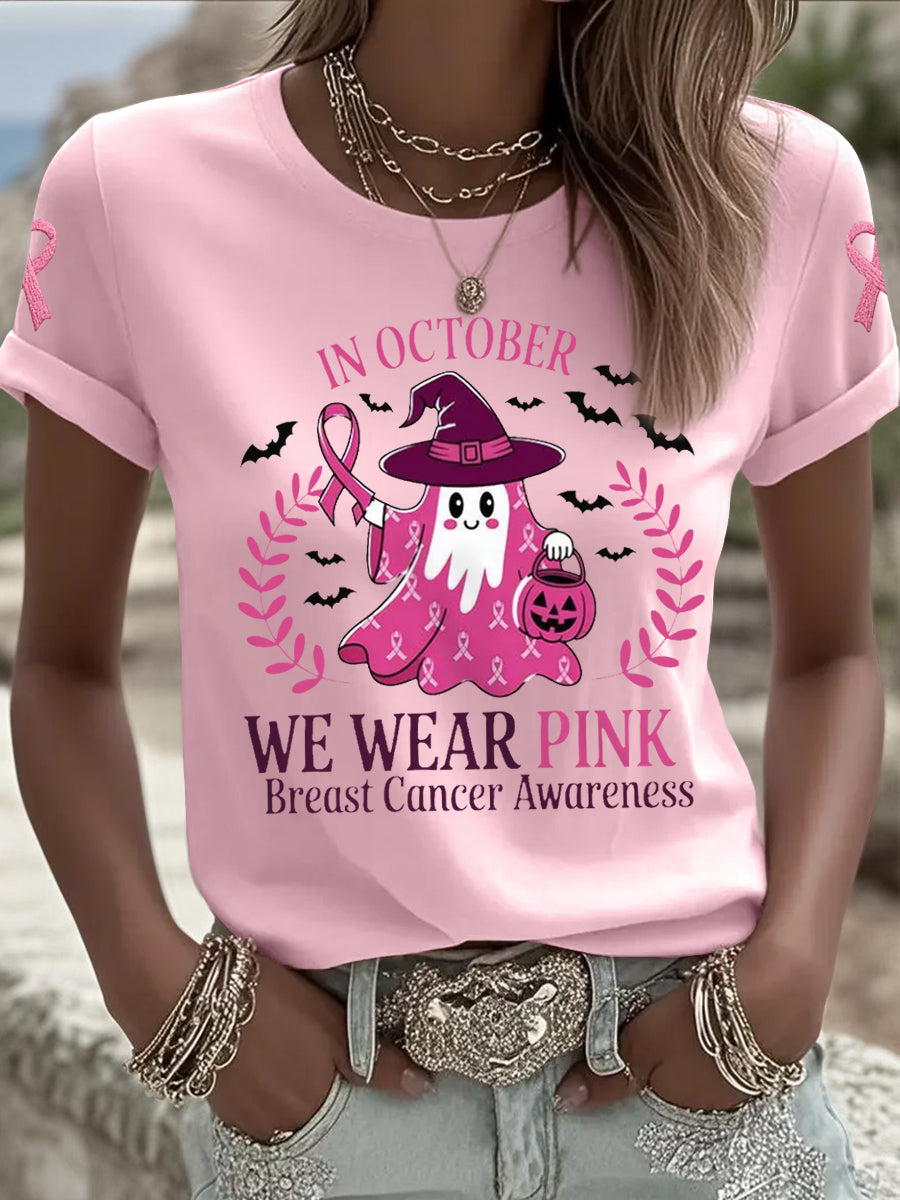 Femmes En Octobre Nous Portons Rose Halloween Rose Fantôme Soutien De Sensibilisation Au Cancer Du Sein Tee