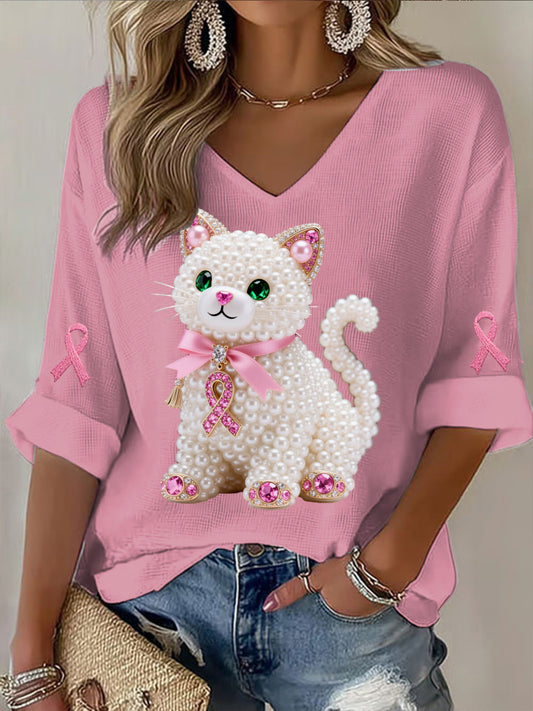 Rétro Cancer Du Sein Perle Diamant Mignon Kitty Imprimer Casual Coton Gaufré À Manches Longues T-shirt
