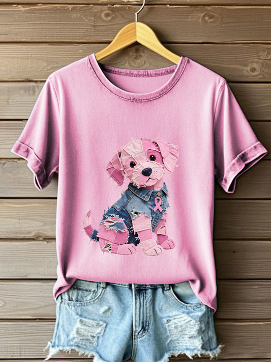 Femmes Cancer du sein Sensibilisation Denim Puppy Imprimer T-Shirt