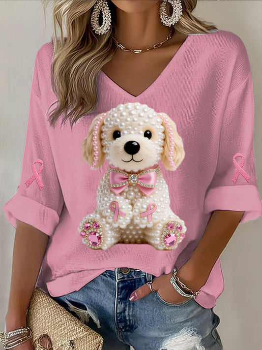 Rétro Cancer Du Sein Perle Diamant Chiot Mignon Imprimer Casual Coton Gaufré À Manches Longues T-Shirt