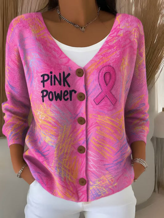 Cardigan Décontracté Imprimé Ruban Rose Pour Femme