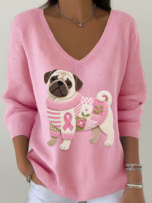 Top côtelé à col en V pour femmes en feutre Art Pug Pattern