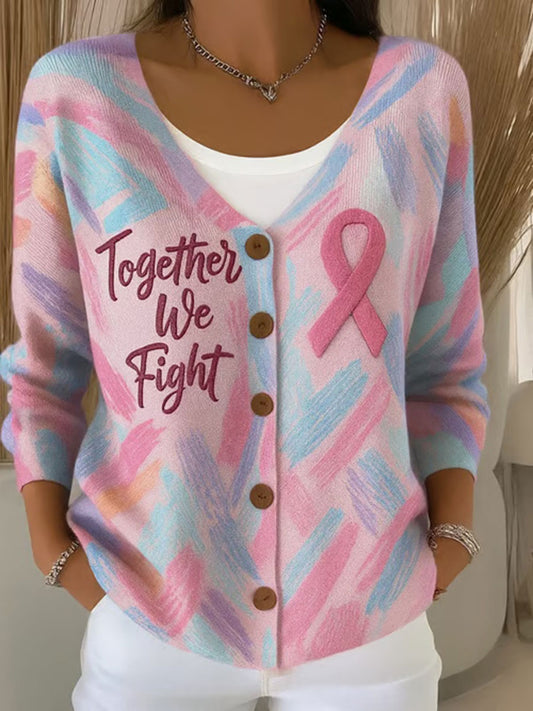 Cardigan Décontracté Imprimé Ruban Rose Pour Femme