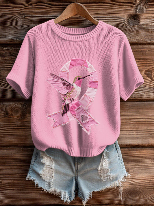 Women's Breast Cancer Awareness Denim Hummingbird Imprimer T-Shirt