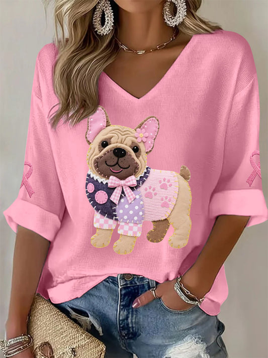 Haut à manches longues Femme Rose Chien Rose Ruban de Soutien de Sensibilisation au Cancer du Sein