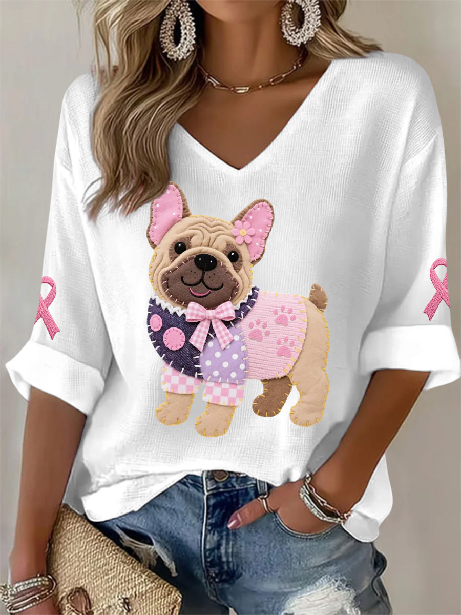 Haut à manches longues Femme Rose Chien Rose Ruban de Soutien de Sensibilisation au Cancer du Sein
