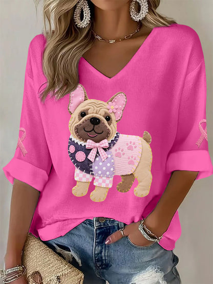 Haut à manches longues Femme Rose Chien Rose Ruban de Soutien de Sensibilisation au Cancer du Sein