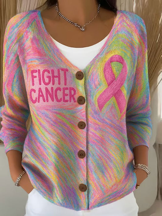 Cardigan Décontracté Imprimé Ruban Rose Pour Femme