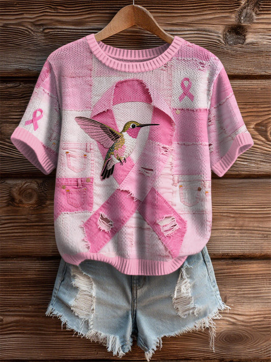 Women's Breast Cancer Awareness Denim Hummingbird Imprimer T-Shirt