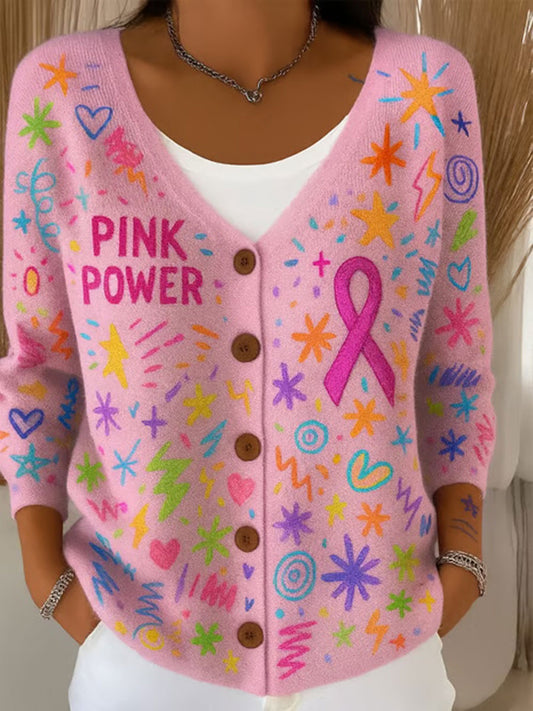 Cardigan Décontracté Imprimé Ruban Rose Pour Femme