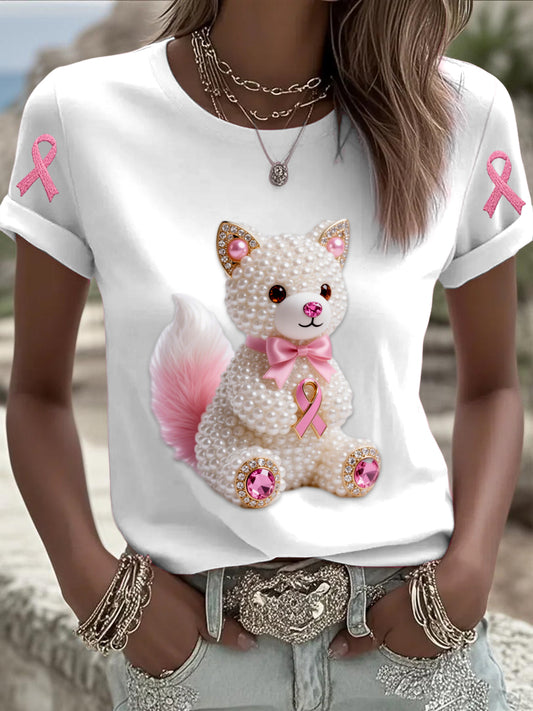 Rétro Cancer du sein Pearl Bow Cat Imprimer T-shirt à manches courtes