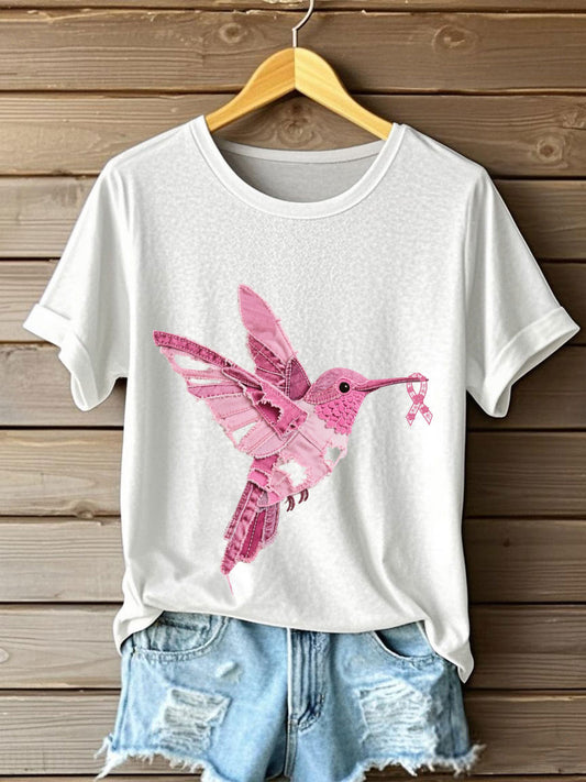 Women's Breast Cancer Awareness Denim Hummingbird Imprimer T-Shirt