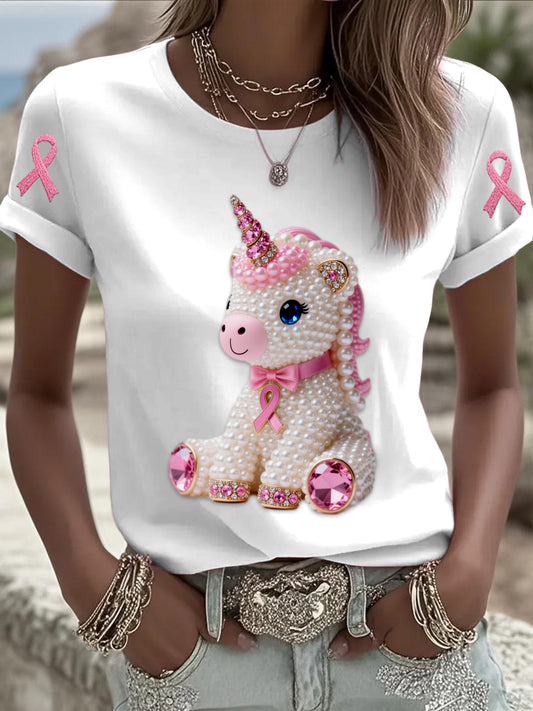 Retro Breast Cancer Pearl Diamond Pony Imprimer T-shirt à manches courtes