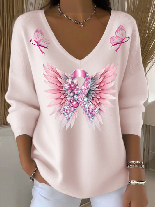 Pull col V pour femme Cancer du sein rose