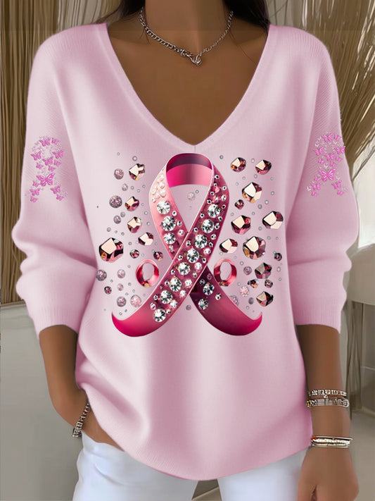 Pull col V pour femme Cancer du sein rose