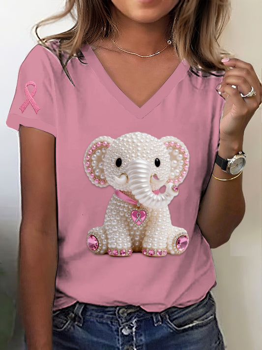 Rétro Breast Cancer Pearl Diamond Elephant Imprimer V-Neck T-shirt à manches courtes