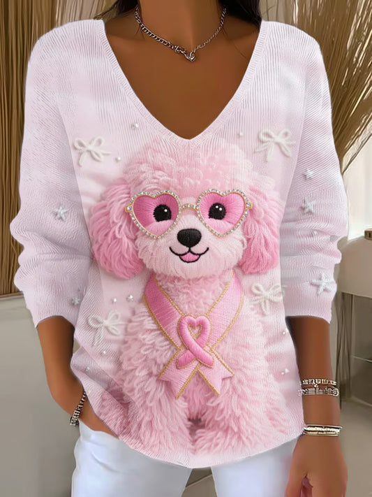 Haut à manches longues Femme Rose Chien Rose Ruban de Soutien de Sensibilisation au Cancer du Sein
