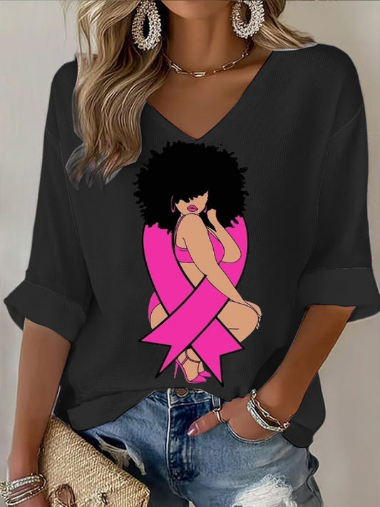T-shirt court décontracté pour femmes sur le thème du cancer du sein noir