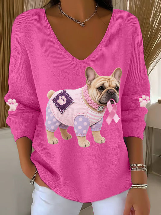 Haut à manches longues Femme Rose Chien Rose Ruban de Soutien de Sensibilisation au Cancer du Sein