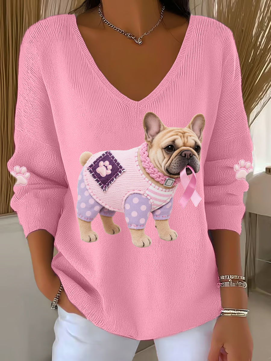 Haut à manches longues Femme Rose Chien Rose Ruban de Soutien de Sensibilisation au Cancer du Sein