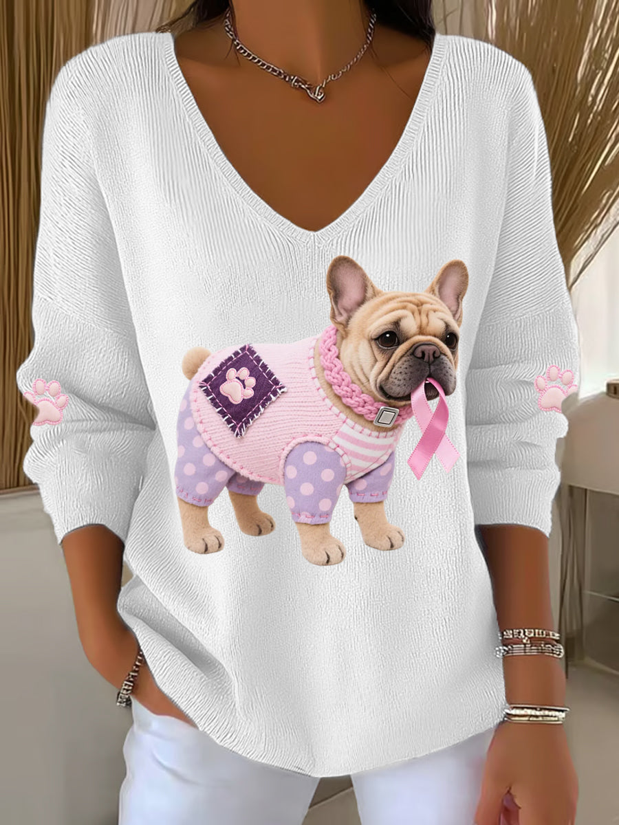 Haut à manches longues Femme Rose Chien Rose Ruban de Soutien de Sensibilisation au Cancer du Sein