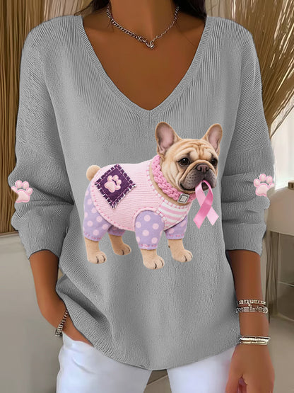 Haut à manches longues Femme Rose Chien Rose Ruban de Soutien de Sensibilisation au Cancer du Sein