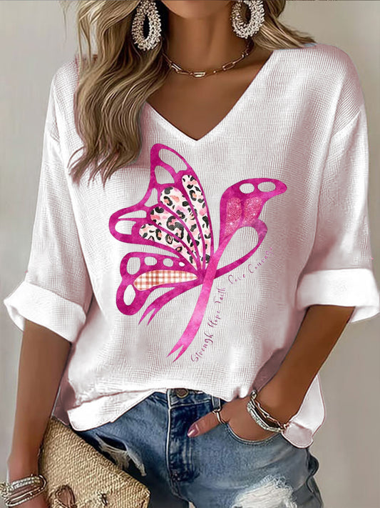 T-shirt court décontracté pour femmes papillon cancer du sein